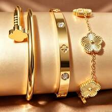 Bộ vòng tay thép không gỉ phong cách Âu Mỹ sang trọng và vòng tay cỏ bốn lá, vòng tay dạng bangle thiết kế ốc vít đính đá rhinestone mạ vàng 18K, phụ kiện cao cấp cho nữ, quà tặng tiệc - Vàng - Xem 7