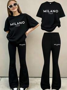 2件組青少年女孩極簡都市風套裝，寬鬆版型「MILANO ITALY」圖案T恤 + 喇叭褲，夏季返校休閒穿搭 - 黑色 - 查看 1