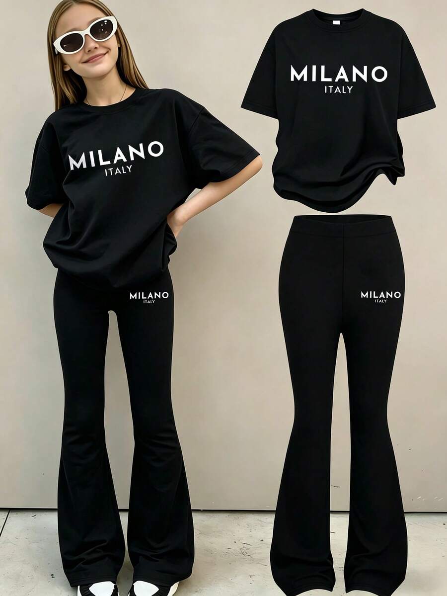 2件組青少年女孩極簡都市風套裝,寬鬆版型「MILANO ITALY」圖案T恤 + 喇叭褲,夏季返校休閒穿搭 - 黑色 - 查看 1