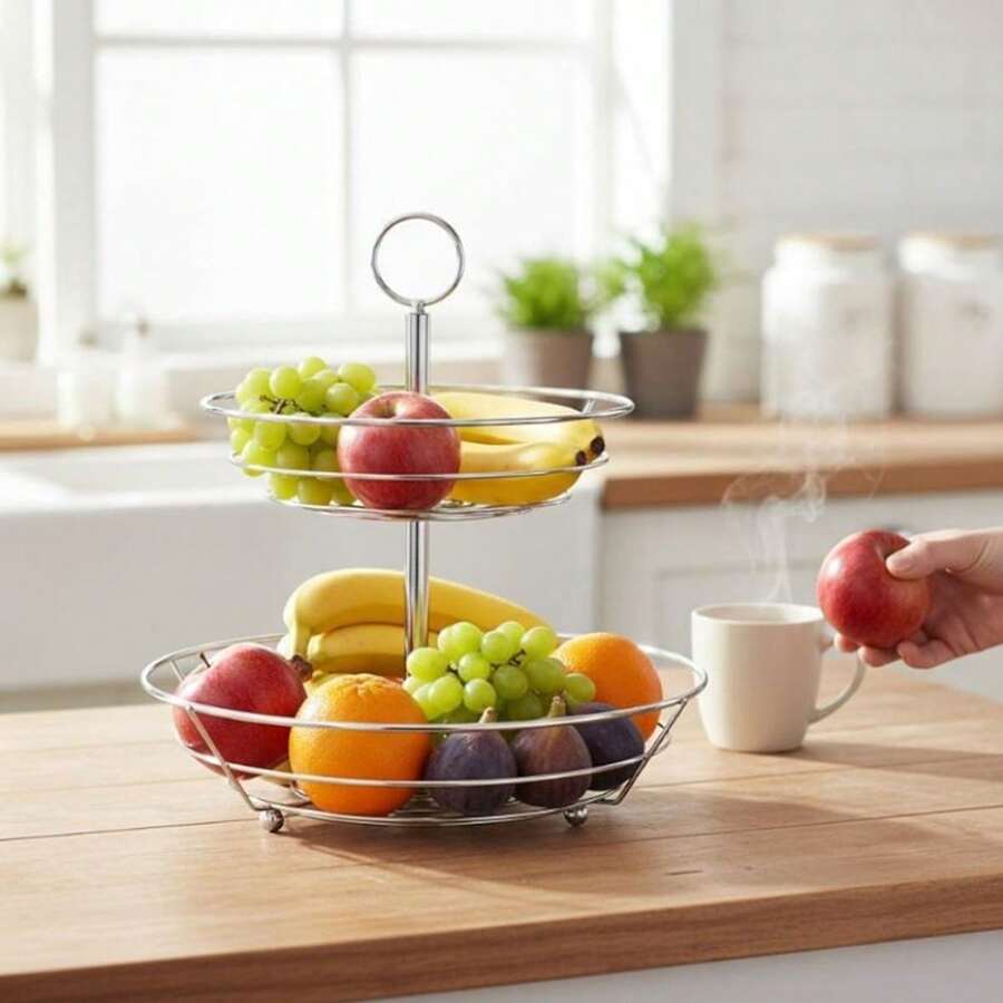 2-Tier  Iron Fruit Basket, Kitchen Wire Storage Rack With Top Handle And Non-Slip Feet, Vertical Produce Stand, 26x26x34cm - 銀色 - 查看 1