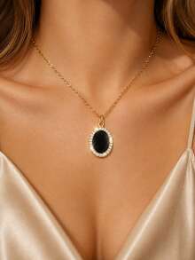 1/3Pcs 18K Gold Plated Stainless Steel Necklace Set, Black Teardrop Oval Round CZ Halo Pendant, Daily Wear Dainty Holiday Gift Jewelry For Women - Gold - View 12