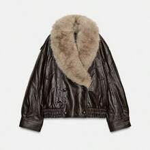 HZXVIC Women's Autumn New Retro Modern Style PU Leather Detachable Fur Collar Casual Motorcycle Jacket - Brown - View 4