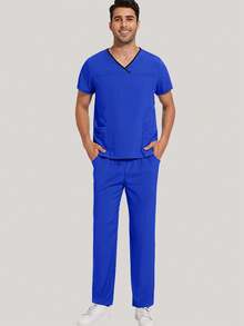 Men's Scrub Set V-Neck Scrub Top And Pants Work Uniform Elastic Waistband 8 Pockets - Royal Blue - View 6