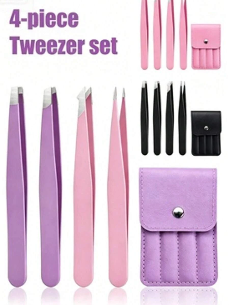 This 4-Piece Colorful Tweezers Set Is A High-Precision Portable Eyebrow And Hair Removal Tool, Available In Purple, Pink And Black (4 Tweezers Per Pack). Affordable And An Ideal Christmas Gift.