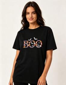 Autumn Tops, BOO Spooky Bat Pumpkin Halloween T-Shirt, Unisex Embroidery Pattern Organic Cotton Short Sleeve Top - 黑色 - 查看 1