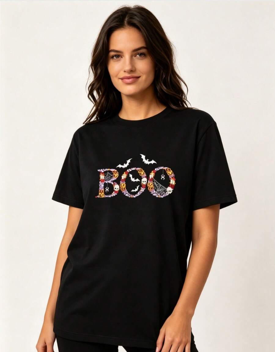 Autumn Tops, BOO Spooky Bat Pumpkin Halloween T-Shirt, Unisex Embroidery Pattern Organic Cotton Short Sleeve Top - 黑色 - 查看 1