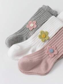 1 Pair 3D Floral Girls Tights, Infant Toddler Knitted Leggings, High Elasticity Long Socks - Multicolor - View 5