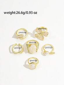 6PCS White Drip Flower Asymmetric Faux Pearl Rings, Twisted Wire Asymmetrical Metal Stackable Ring Set For Women - Gold - View 6