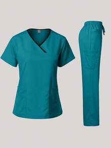 Men's Scrub Set V-Neck Scrub Top And Pants Work Uniform Elastic Waist 8 Pockets - Green - View 2