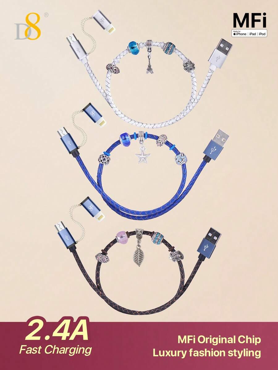 D8 DIY 手工串珠時尚 MFi 認證數據線，Apple MFi 認證 2 合 1 手機充電線，Lightning 線與 Micro USB 轉 USB 充電線，相容 IP 14 Pro/13 Mini/13/12/11 Pro MAX/XR/XS/8/7/Plus/6S/SE/