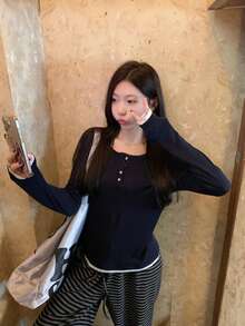 Y2K Autumn Korean Style Elegant Round Neck Button Contrast Color Versatile Soft Long Sleeve T-Shirt Top For Women - Navy Blue - View 4