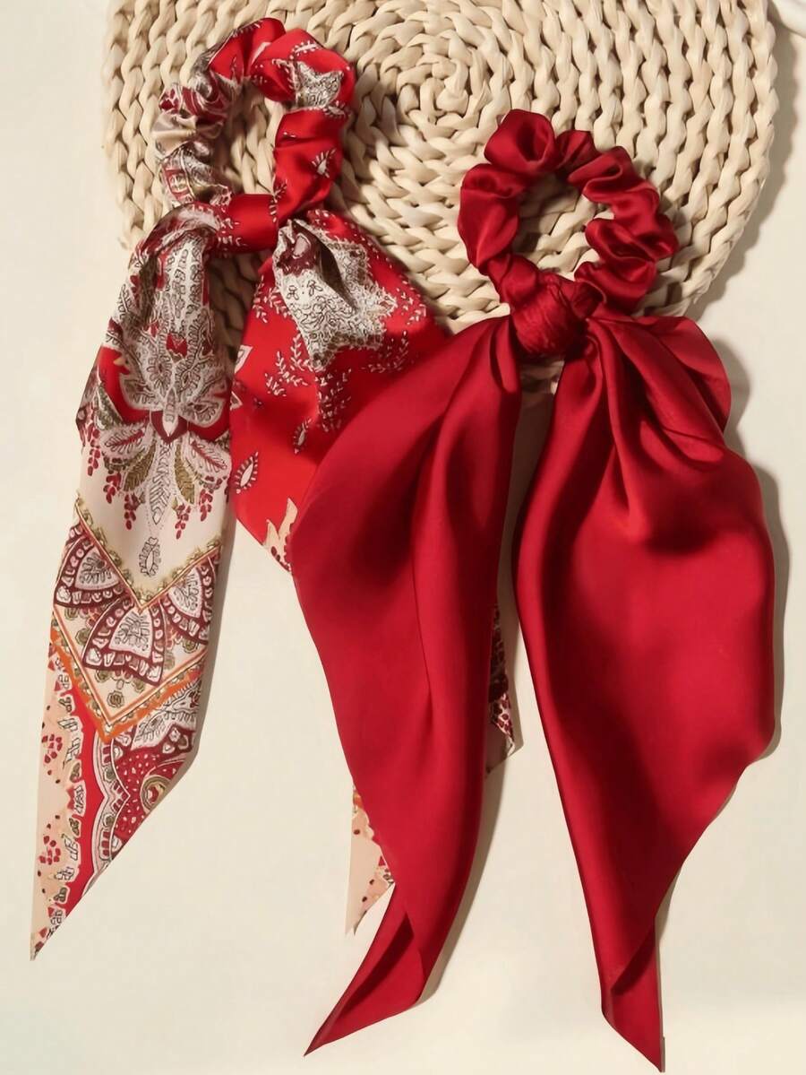 2件裝純色佩斯利紋緞帶髮圈頭飾髮飾 - 紅色 - 查看 1