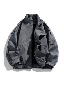 Men's Niche Design Textured Patchwork Motorcycle Jacket, Spring/Autumn Fashion Streetwear - Dark Grey - View 3