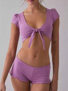 Tie Front Crop Top For Women Deep-V Neck Shirt Short Sleeve Y2K Camisole For Festivals, Beach Trips, Date Night Cosplay - Mauve Purple - View 1