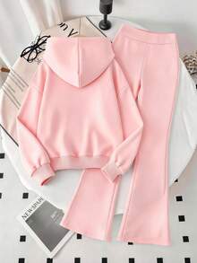 Setelan 2pcs untuk Remaja Perempuan: Hoodie Motif Kartun + Celana Panjang Model Flare Motif Polos, Pakaian Musim Gugur/Musim Dingin, Gaya Kampus, Pakaian Acara Homecoming - Berwarna merah muda - View 3