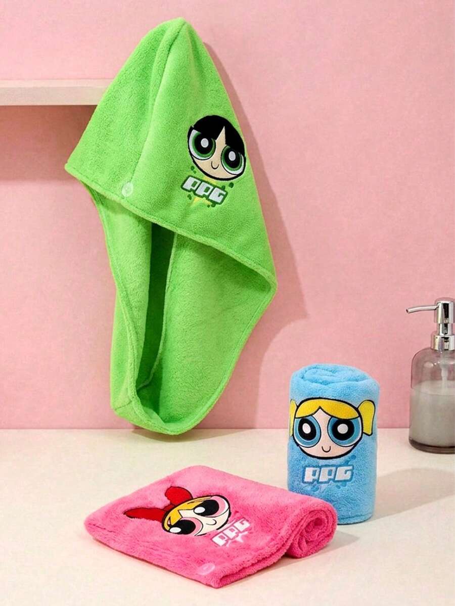 THE POWERPUFF GIRLS X POKOJA LAND 1個可愛卡通小女警刺繡乾髮帽,珊瑚絨水洗材質,柔軟吸水速乾,適用於護髮、沐浴、淋浴、水療、旅行或作為禮物 - 彩色 - 查看 1