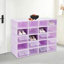 20 Stück Lila Faltbare Schuhboxen mit Herzgriff, Transparenter Klappdeckel Stapelbar aus PP/ABS, Groß Aufbewahrungsbox für Sneaker Pumps Sandalen Schlafzimmer Garderobe - Violett - Übersicht 4