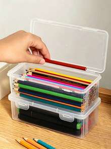 2pcs/1pc Large Transparent PP Storage Box With Lid, Lightweight Unfinished Surface, Suitable For Office/School Supplies, Pens, Pencils, Markers, Crafts, Desktop Storage, Cosmetics, Jewelry, Suitable For Girls, Minimalist Style (Box Only, Pencils Not Included) - Multicolor - View 3