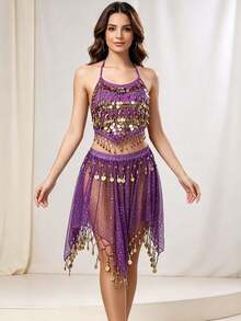 Belly Dance Halter Sequin Coin Crop Top Glitter Mesh Irregular Coin Decorated Skirt Stage Performance Dance Outfit - Multicolor - View 13