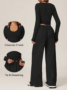 TimeOff Women's One Set Solid Color Cross Wrap Tie Waist Long Sleeve Cover Up With Elastic Drawstring Side Pockets Wide Leg Pants - Black - View 3