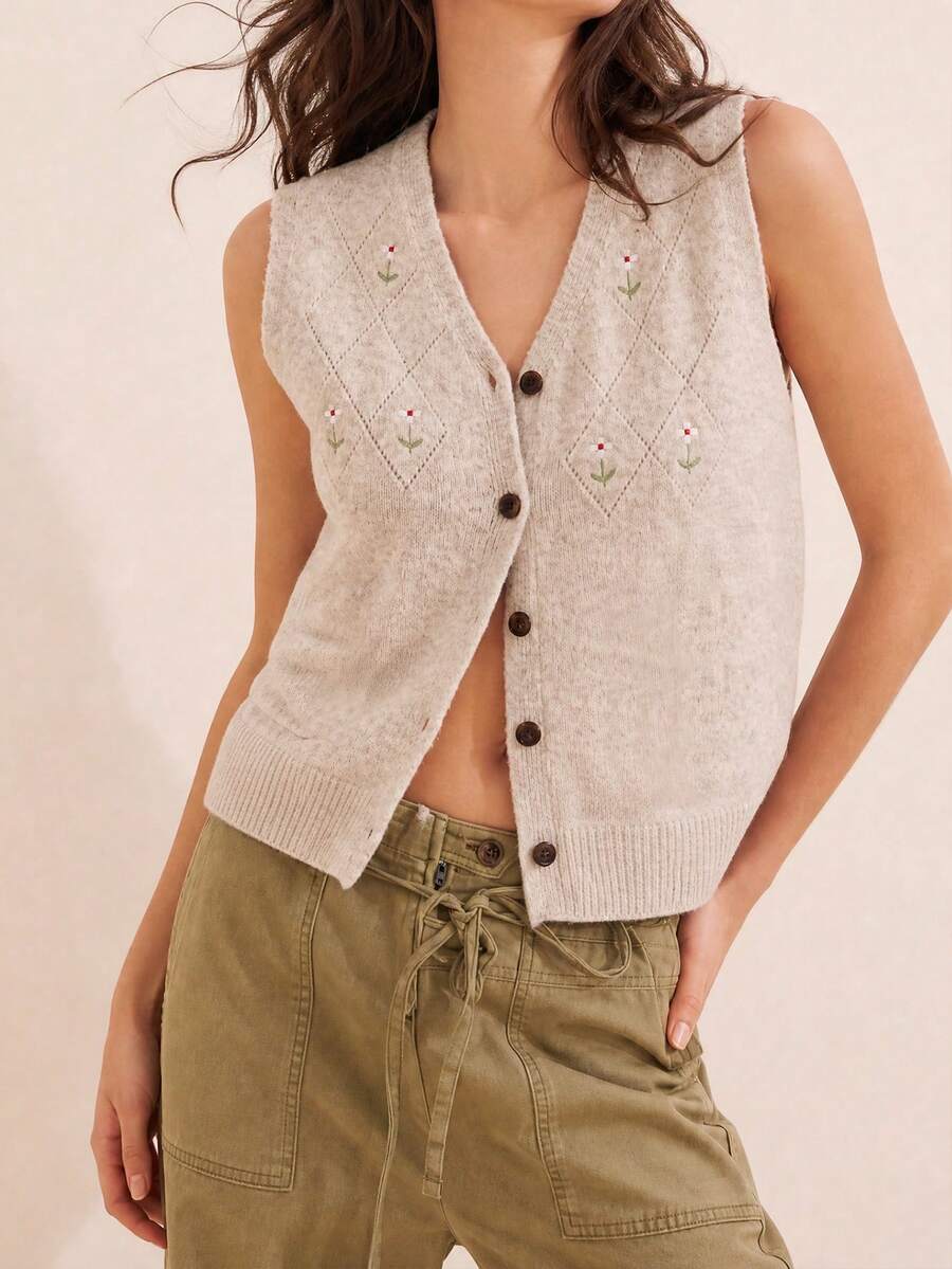 JIANHU 復古刺繡針織背心 女款 秋冬無袖毛衣背心 花卉圖案 聖誕秋季必備疊穿單品 - 米色 - 查看 1
