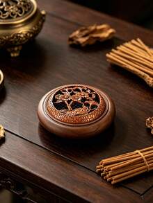 Round Wooden Incense Burner Hollow Cover Classic Floral Carved Wood Censer For Home Fragrance Meditation Yoga Bedroom Decor For Oud Bakhoor Frankincense Ramadan Gift - Multicolor - View 6