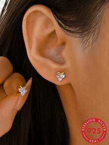 1 Pair S925 Sterling Silver Fruit Purple Cubic Zirconia Stud Earrings, Niche Delicate Mini Earrings, Daily Commute Girl Light Luxury Earrings Gift - Fruit - View 1