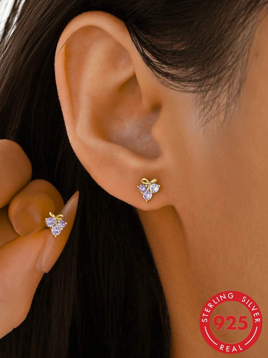 1 Pair S925 Sterling Silver Fruit Purple Cubic Zirconia Stud Earrings, Niche Delicate Mini Earrings, Daily Commute Girl Light Luxury Earrings Gift - Fruit - View 1