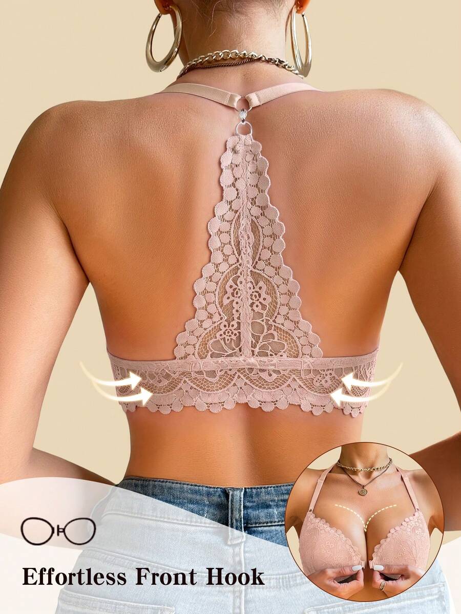 Women's Front Closure Lace Wireless Push-Up Bra, Beautiful Back Design, Breathable & Comfortable, Lift & Gather, Suitable For Daily Casual Wear