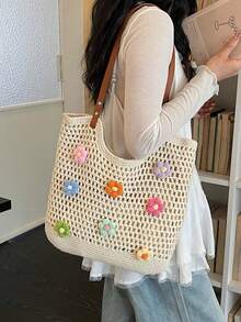 Yogodlns Beach Seaside Vacation Bag Women's Large Capacity Shoulder Bag New Versatile Fashion Shopper Handbag Travel Beach Bag Shopping Pack Beach Bag - Beige - View 5