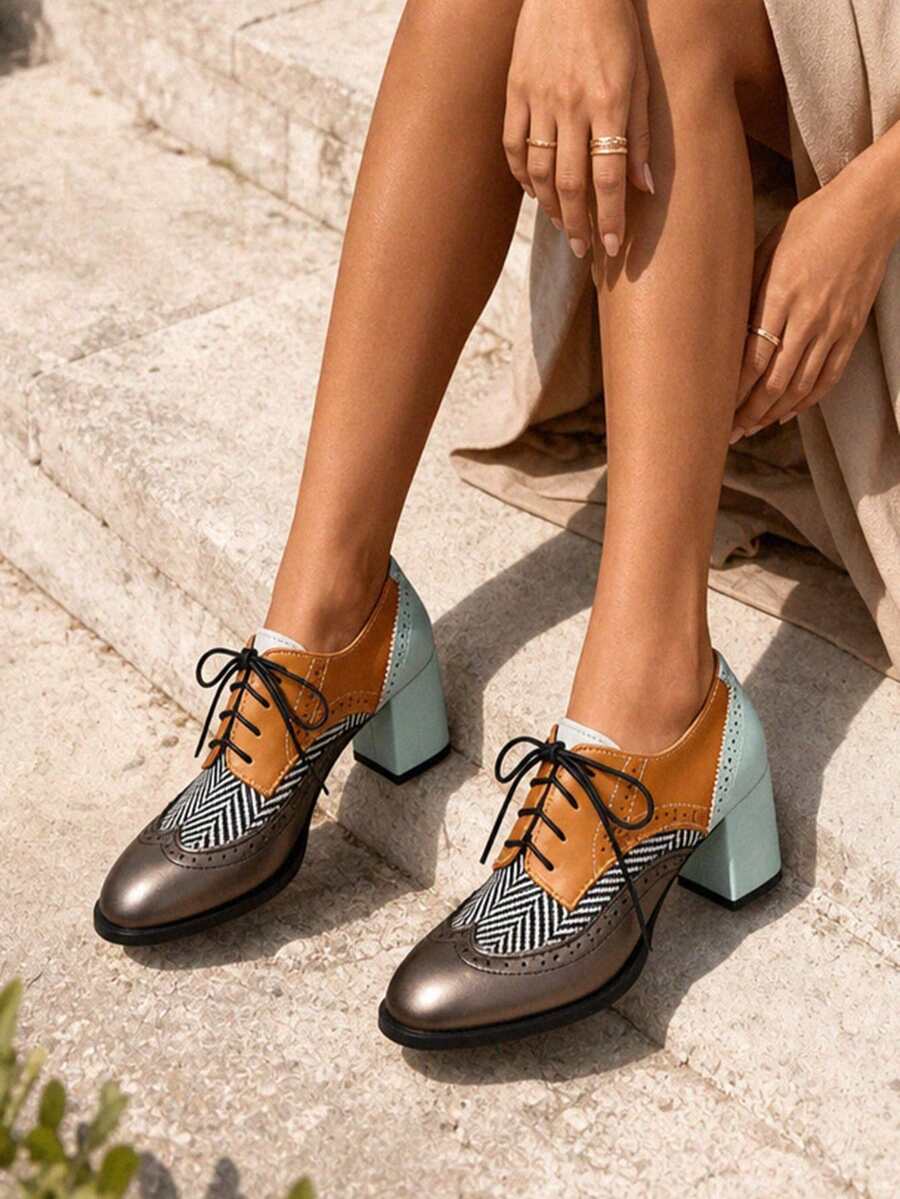 Oxfords Women High Heels And Single Shoes Ladies' Business Loafers Shoes Lace Up Fashion Cool Luxury Outdoor Fall Dress Shoes - 灰色 - 查看 1