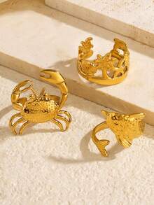3pcs Stainless Steel 18K Gold Plated Summer Vacation Casual Style Dolphin Coconut Tree Crab Ring Set, Suitable For Women's Daily And Holiday Wear - Multicolor - View 6