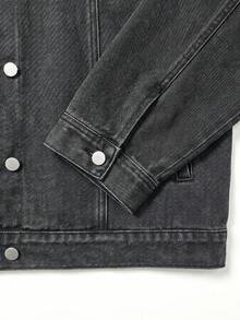 VIBEWAVE Loose Drop‑Shoulder Black‑Grey Denim Jacket, Turn‑Down Collar Cargo Long Sleeve VintageStreetwear Distressed Jean Outerwear For Spring Autumn - Black - View 6
