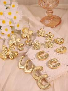3-9 Pairs Set Vintage Metal Gold Stud Earrings, Asymmetrical Textured Floral C-Hoop Earrings, Versatile Commuter Earring Set - Gold - View 2