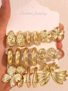 3-9 Pairs Set Vintage Metal Gold Stud Earrings, Asymmetrical Textured Floral C-Hoop Earrings, Versatile Commuter Earring Set - Gold - View 7