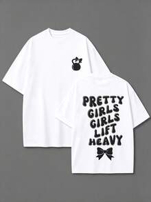 Unisex-T-Shirt, Aufdruck "Pretty Girls Lift Heavy Pink Kettlebell" auf Vorder- und Rückseite, lockere Passform, kurze Ärmel, ideal für Fitness, - Weiss - Übersicht 1