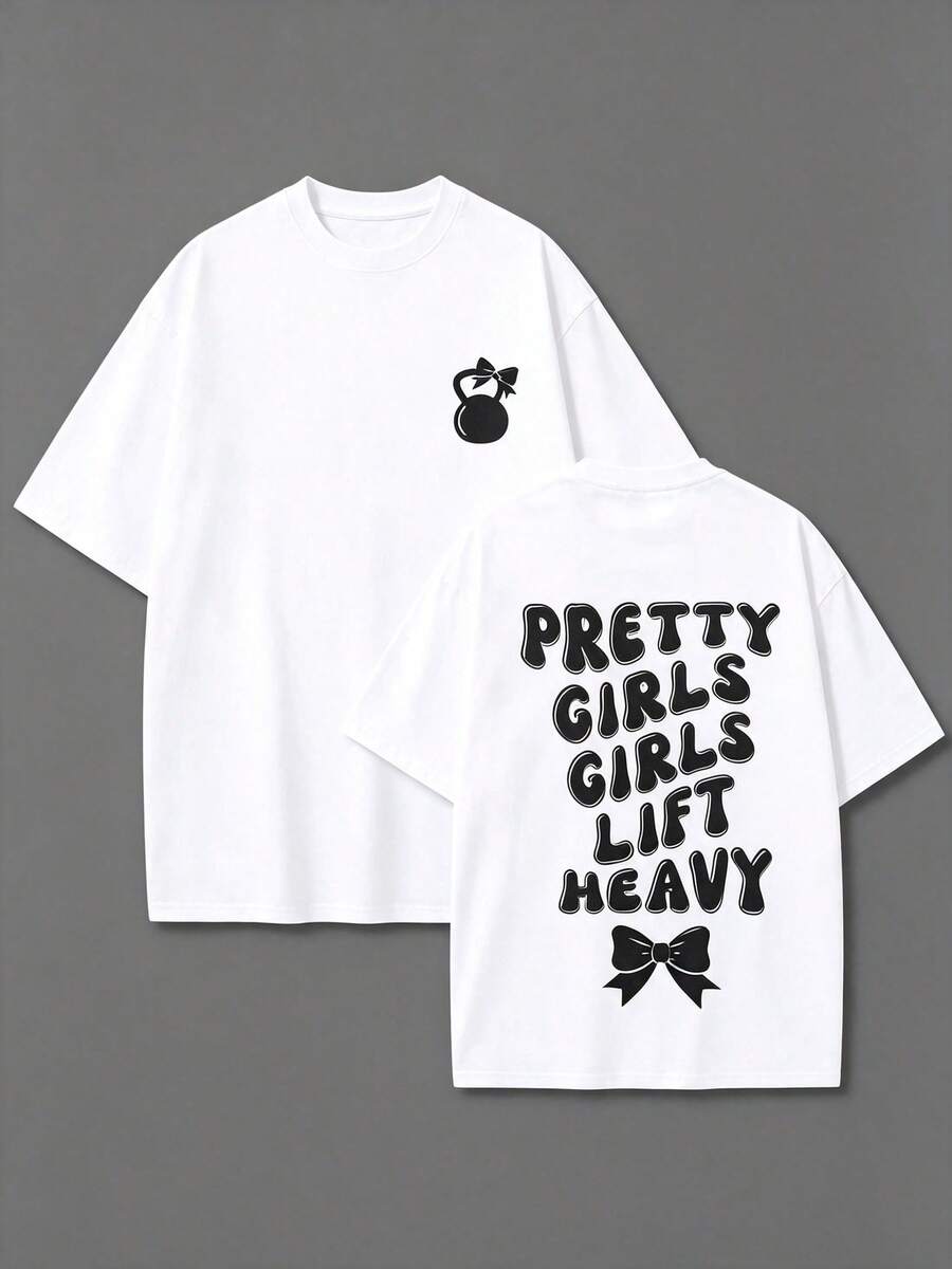 Unisex-T-Shirt, Aufdruck "Pretty Girls Lift Heavy Pink Kettlebell" auf Vorder- und Rückseite, lockere Passform, kurze Ärmel, ideal für Fitness, - Weiss - Übersicht 1