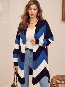 Plus Size Stripe Sweater Cardigan, Long Sleeve Knit Open Front With Asymmetrical Hem For Fall Winter Layering - Multicolor - View 4
