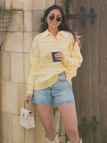 Senya Women's Elegant Yellow Striped Polo Sweater, Soft Knit Drop Shoulder Long Sleeve Pullover, Fashion Half-Placket Button Knit Top - Yellow - View 5