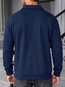 Striville Solid Color Polo Collar Half-Zip Sweatshirt Men's Retro Relaxed Casual Daily Commute Top - Navy Blue - View 2