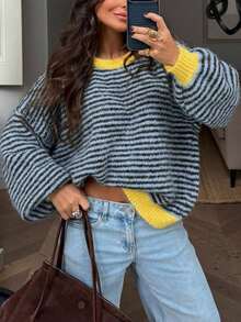 Damen Rundhals Kontrastfarben gestreiftes Langarm lockeres lässiges Mode Strickoberteil, Herbst/Winter täglicher Vintage Streetstyle - Verschiedenfarbig - Übersicht 1