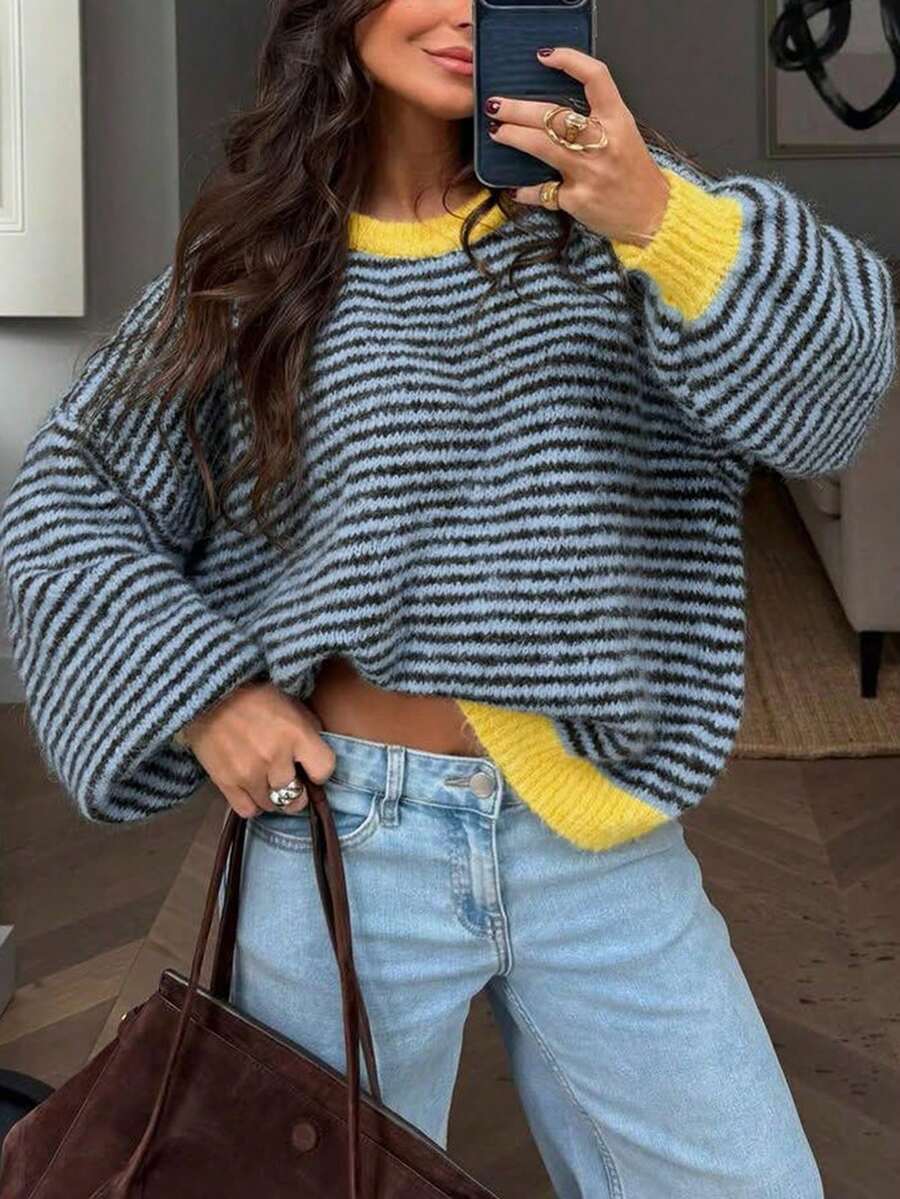 Damen Rundhals Kontrastfarben gestreiftes Langarm lockeres lässiges Mode Strickoberteil, Herbst/Winter täglicher Vintage Streetstyle - Verschiedenfarbig - Übersicht 1