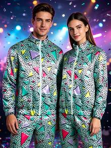 2pcs/Set (Top + Pants) 80s 90s Halloween Costume Colorblock Hiphop Sportswear Outfit, Disco Style Performance Wear For Men & Women - Green - View 2
