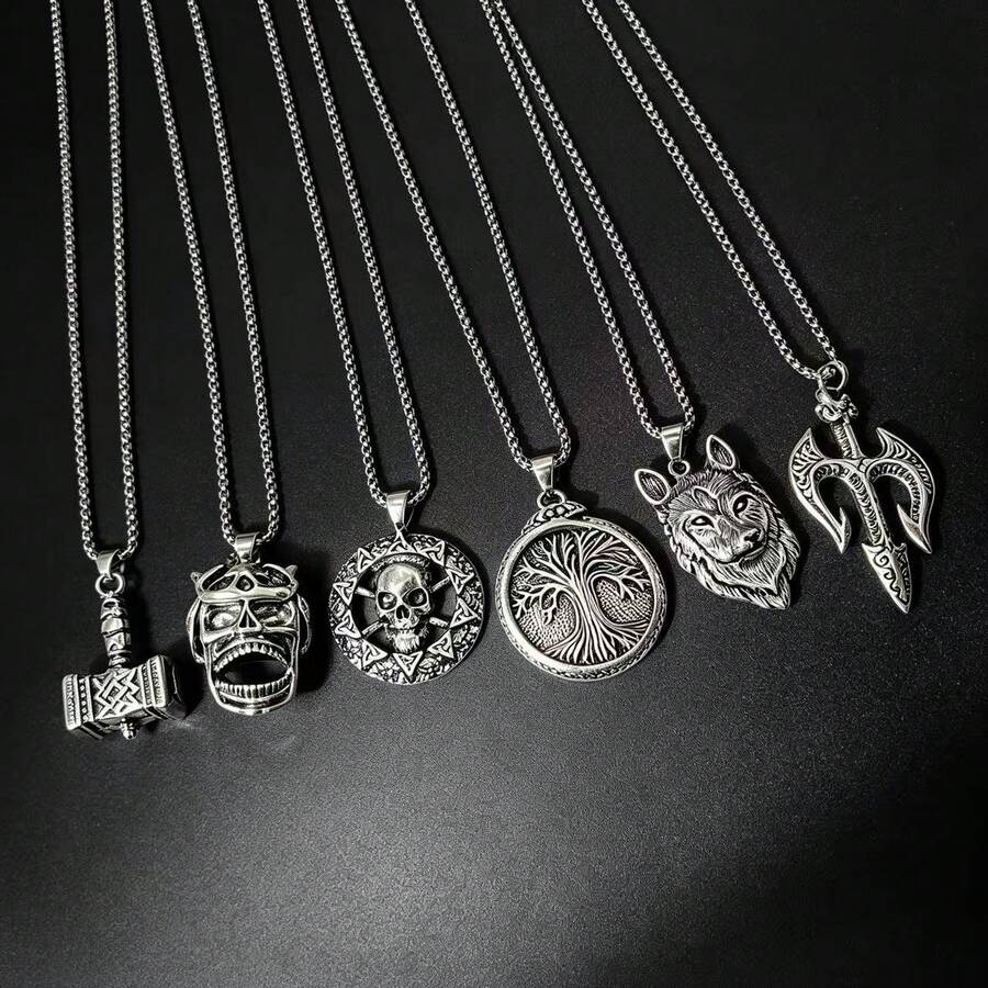 6 Pieces / Set, Men's Retro Coptic Cross Pendant Necklace Set, Stainless Steel Multifunctional Neck Jewelry, Elegant Accessories. - Ancient Silver - View 1
