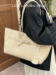 Woven Texture With Metal Hardware Decor, Large Capacity Space For Commuting Laptop, Textbooks And Daily Essentials, Dual Long Handles For Hand-Carry Or Shoulder Use, Magnetic Closure, Simple And Practical For Daily Work, School, Supermarket Shopping, Short Trips, Versatile Casual Shoulder Tote Bag - White - View 6