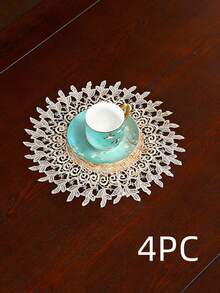 HXARTMIS 1PC Vintage Floral Lace Round Placemat, Embroidered Hollow Lace Trim Decorative Table Mat, Home Tabletop Decor - Light Coffee - View 11