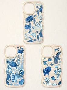 3 Pcs Wavy White Edge Ocean Sea Turtle Print Phone Case, Blue Tone Underwater Creature Illustration Soft Shell, Thickened Wavy Frame Full Coverage Anti-Drop TPU Phone Cover, Ins Vacation Style Niche Fresh Digital Accessory; Suitable For Valentine's Day, Easter, Mother's Day, Father's Day, Independence Day, Halloween, Thanksgiving, Christmas, New Year, Birthday, Back To School Gifts, Compatible With IPhone 17/17 Pro - Multicolor - View 43