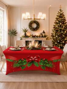 1pc Christmas Elastic Fitted Tablecloth, Polyester Spandex Full Coverage Stretch Table Cover, Holly Wreath And Red Bow Print, Rectangular Wrinkle-Resistant Buffet Tablecloth, Suitable For Parties, Banquets And Home Decor - Multicolor - View 8