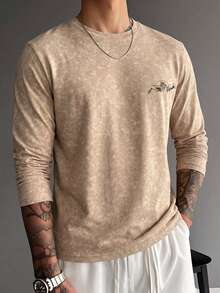 Men's Vintage Tie-Dye Distressed Long Sleeve T-Shirt, Autumn/Winter Back Statue Art Print, Loose Drop Shoulder Base Layer Top - Brown - View 2