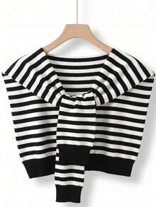 1pc New Autumn Black & White Striped Knit Shawl, Women's Tie-Up Knit Cape Scarf, Office Air-Conditioned Room Decorative Shawl Scarf - Multicolor - View 2